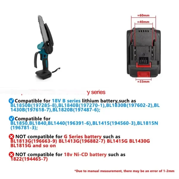 6 Inch Electric Chain Saw Handheld Portable Chainsaw Tree Wood Cutter Pruning Garden Power Tool Compatible Makita 18V No Battery - Image 5