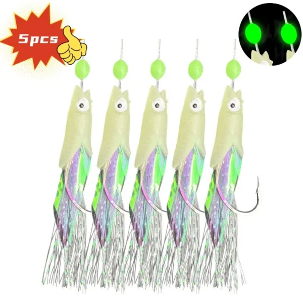 5Pcs Artificial Bait High Quality Carbon Steel Feathers Bass Cod Lure Sea Luminous Fishing Hook Bait Sabiki Rigs Fishing Wire - Image 1