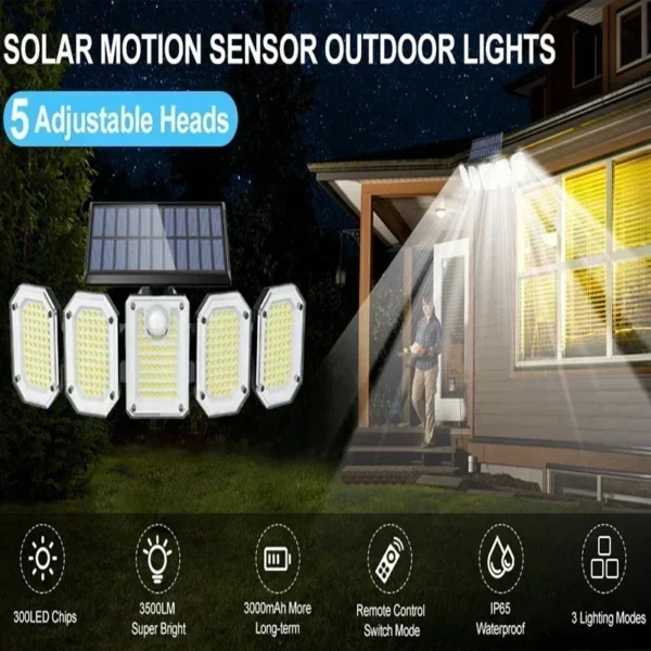 5 Heads Solar 300 LED Light Outdoor Motion Sensor Waterproof Wide-angle Illumination Wall Lamp Garden Courtyard Street Lights - Image 6