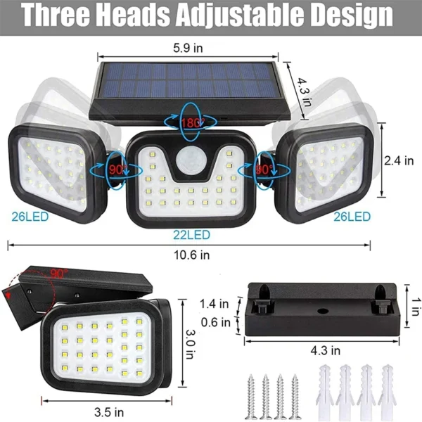 Solar Lights Outdoor, Induction 74Led Three Head Rotatable Wall Lamp Outdoor Light Control Road Lighting Courtyard Street Lamps - Image 2