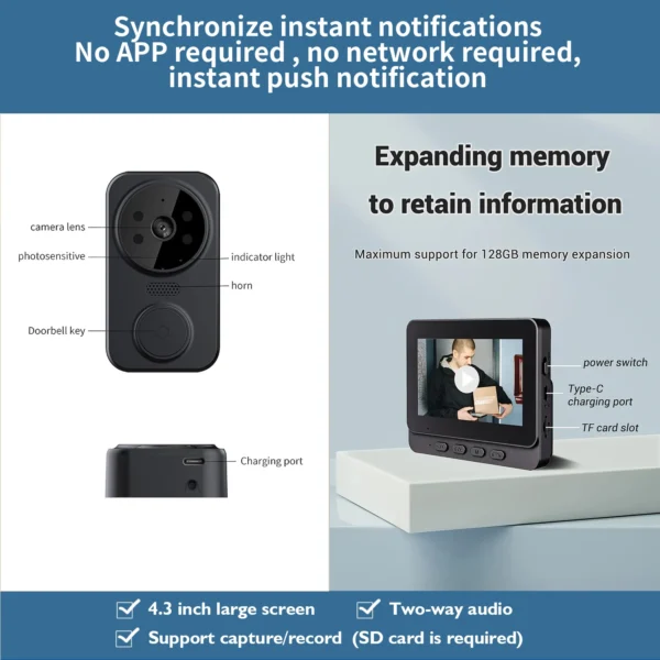 Wireless wireless smart video doorbell,Wireless intercom,Real-time notification,Two-way HD camera,Night vision monitor HD camera - Image 3
