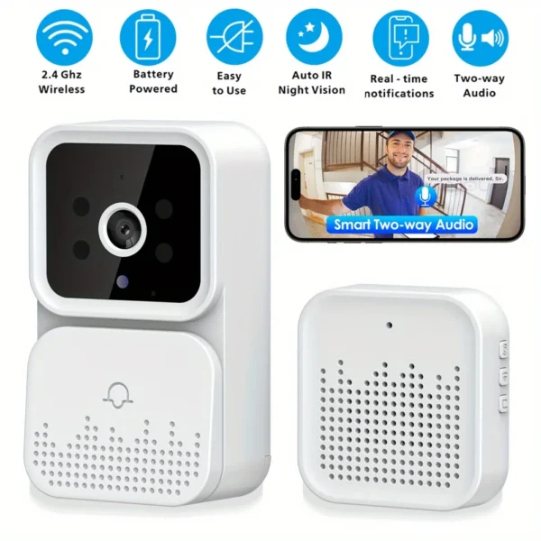 Wireless smart video doorbell 2.4GWiFi, 2-channel audio, night vision, SD card/cloud storage home security surveillance camera - Image 1
