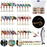 30pcs/Set Spinner Fishing Lure Kit Metal Sequin Spoon Hard Bait Rotating Spinner Lure Bait for Bass Trout Perch Pike Tackle