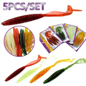 5PCSLong Tail Fishing Lure Soft Bait 13cm 6g Screw Thread Single Sickle Tails Worm Grub Artificial Lures for bass Fishing Tackle