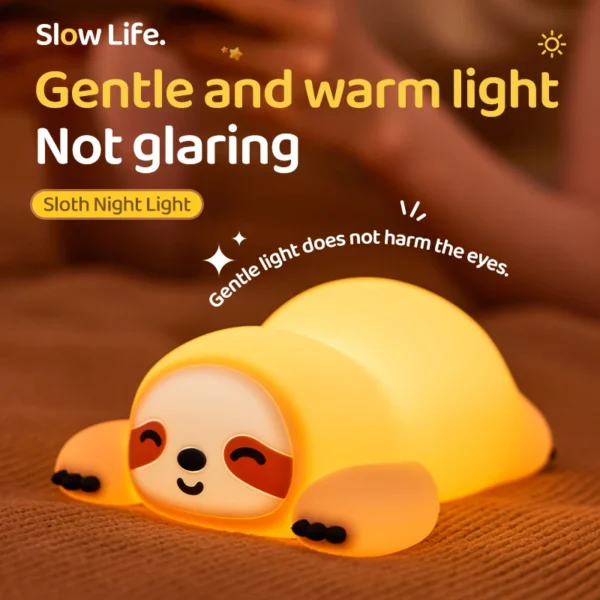 Soft Silicone Sloth Night Light - USB Rechargeable Touch Control Dimmable Bedside Lamp for Nursery Kids Babies Gift Decor - Image 2