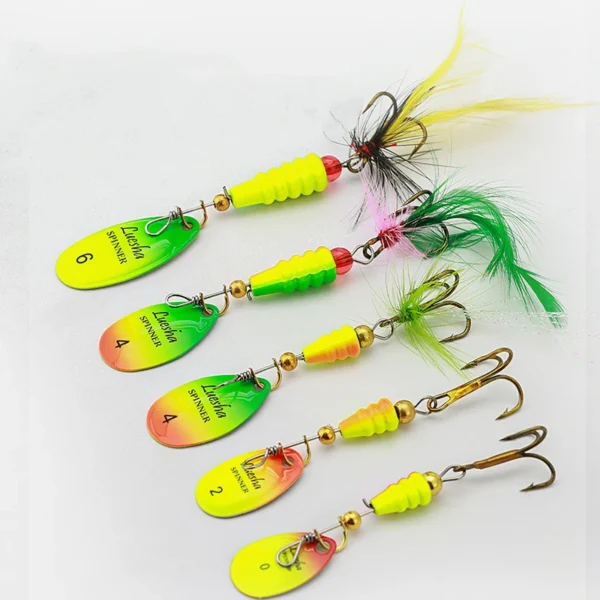 5PCS Fishing Lure Feather Spinner Bait Rotating Sequins Spoon Bait Treble Hooks Hard Metal Spinner Baits Kit with Tackle Boxes - Image 2