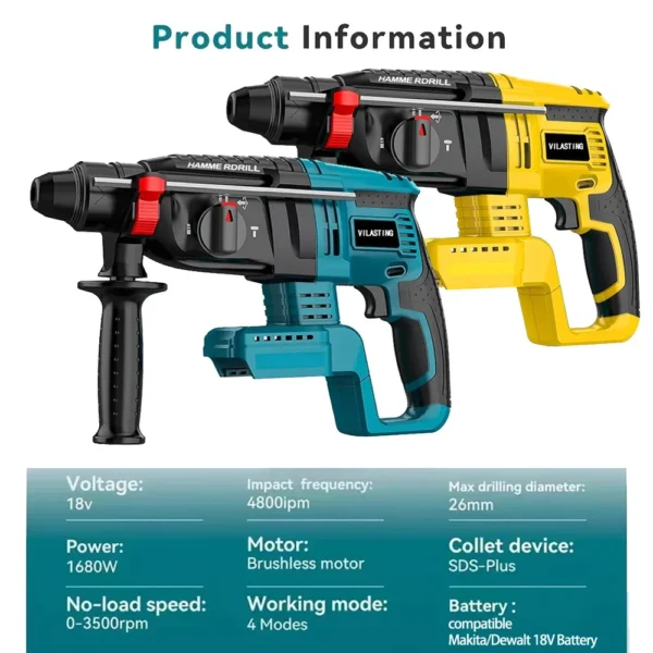 Brushless 26MM Electric Hammer Drill Multifunctional Rotary Cordless Rechargeable Power Tools Fit Makita/Dewalt 18V Battery - Image 3