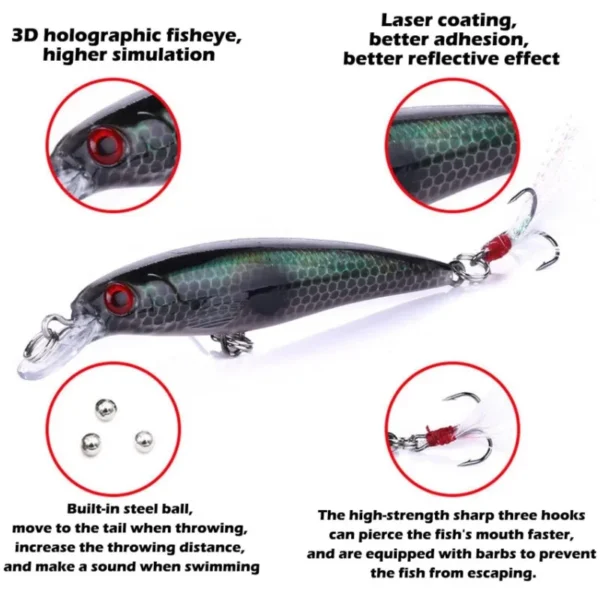 Laser 3D Eyes Bionic Minnow Fishing Lure Artificial Hard Bait with Feather Treble Hooks Simulated Bait for Freshwater Perch Fish - Image 5