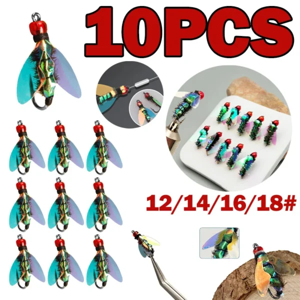 10PCS Bionic Fly Lure Bait Fly Hook Winged Insect Bait White Strips Realistic Bottle Flying Sea Bass Predatorium Freshwater Bait - Image 1