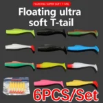 6PCS TPR Material Floating Worm Soft T Tail Lure Rubber Fishing Lure Shad Swim Baits Silicone Bait New Lure Fishing Tackle Tool