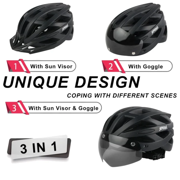 LED Bike Helmet with Sun Goggle Visor for Men, Rechargeable Bicycle Helmet, Sunglasses Shield, Road MTB Cycling Helmets - Image 3