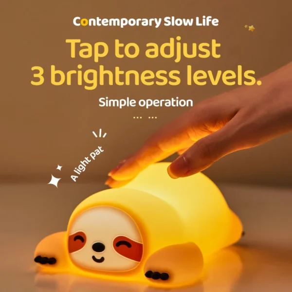 Soft Silicone Sloth Night Light - USB Rechargeable Touch Control Dimmable Bedside Lamp for Nursery Kids Babies Gift Decor - Image 3