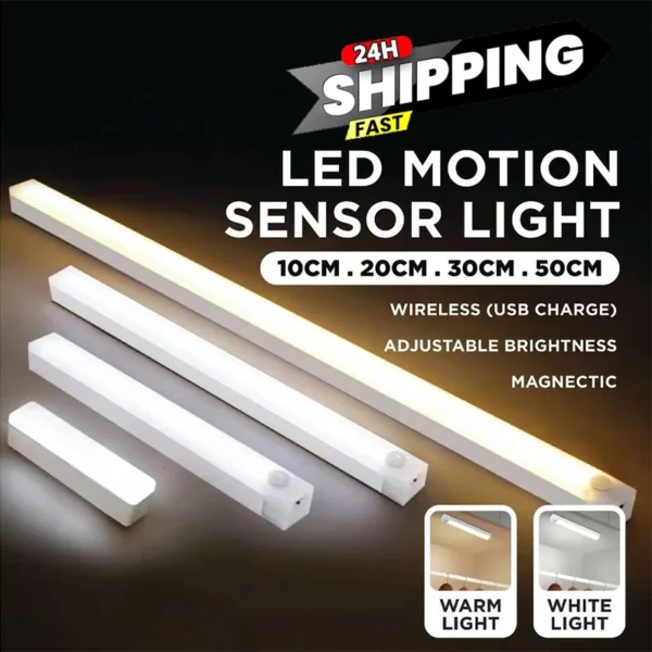 PIR Motion Sensor LED Under Cabinet Lamp Dimmable Rechargeable Night Light Stairs Closet Room Aisle Tube Bar Detector Bulb - Image 1