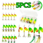 5PCS Fishing Lure Feather Spinner Bait Rotating Sequins Spoon Bait Treble Hooks Hard Metal Spinner Baits Kit with Tackle Boxes