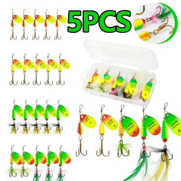 5PCS Fishing Lure Feather Spinner Bait Rotating Sequins Spoon Bait Treble Hooks Hard Metal Spinner Baits Kit with Tackle Boxes - Image 1