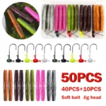 50pcs Fishing Ned Rig Bait Hook Set Insect Soft Bait Box Set Hook Head Fishing Soft Plastic Bait Fish Hook Bait Worm Freshwater