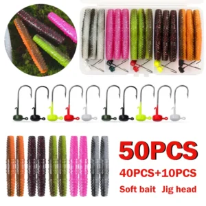 50pcs Fishing Ned Rig Bait Hook Set Insect Soft Bait Box Set Hook Head Fishing Soft Plastic Bait Fish Hook Bait Worm Freshwater