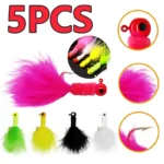 5PCS Fishing Lure Feather Metal Jig Head Hook Fishing Crappie Marabou Lure for Walleye Panfish Sunfish Bluegill Perch Swimbait